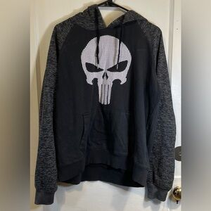 Marvel Men’s Black and Heather Gray Hoodie with White Skull Graphic